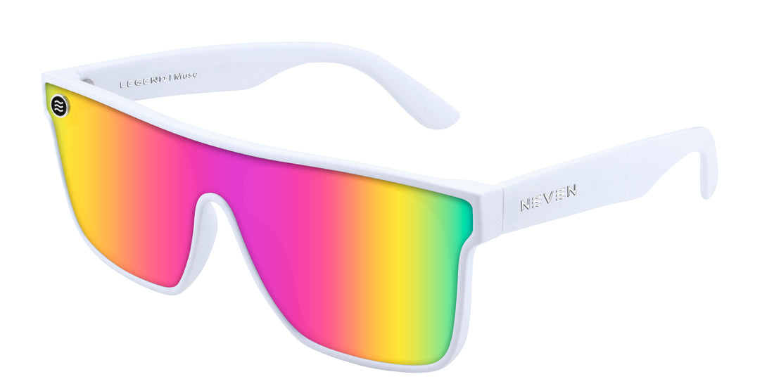 Three quarter view of Muse polarized sunglasses showcasing white gloss frames and pink yellow mirrored shield lens on white background