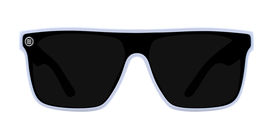 Permafrost rectangular polarized sunglasses with black lenses and white frame.
