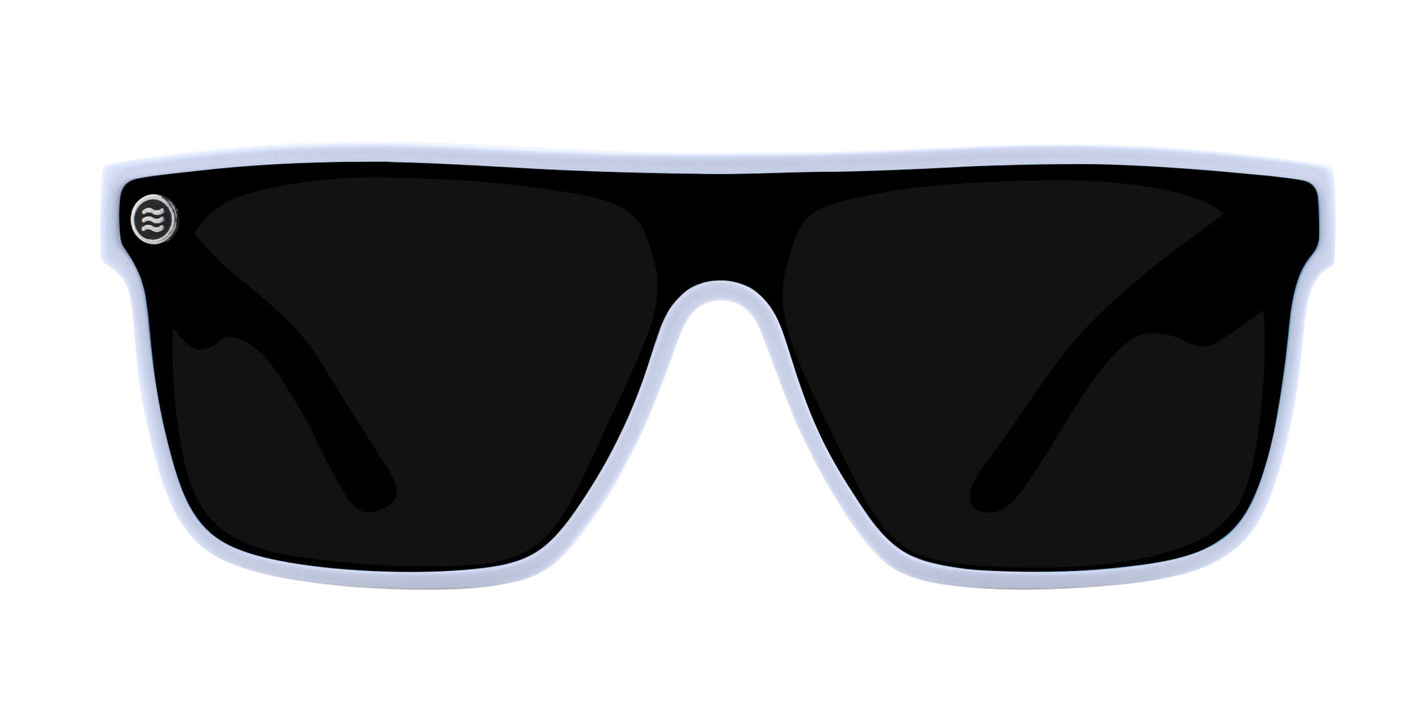 Permafrost rectangular polarized sunglasses with black lenses and white frame.