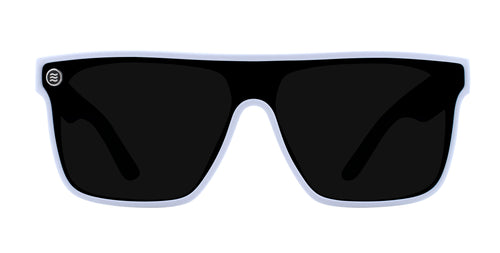 Permafrost rectangular polarized sunglasses with black lenses and white frame.