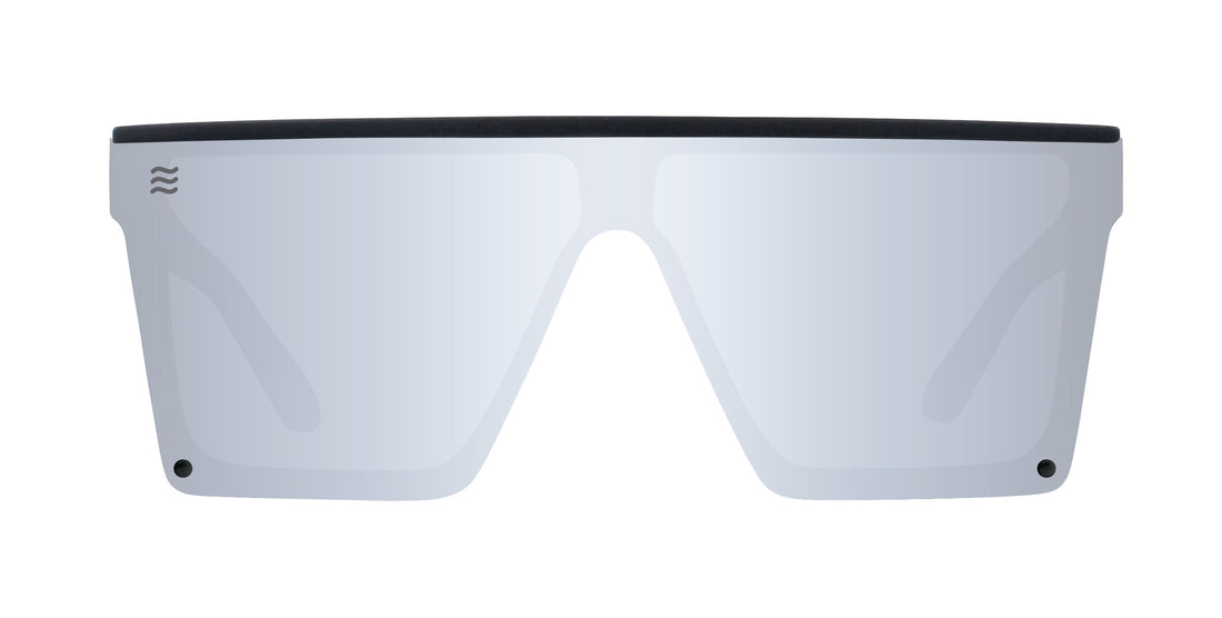 Cr Chromium Flat Top polarized sunglasses with a matte black frame and silver lenses.