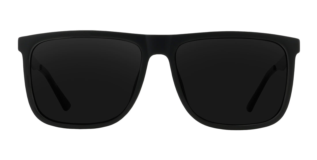 Front view of Blueprint rectangular prescription sunglasses showcasing matte black frame and dark prescription lenses on white background