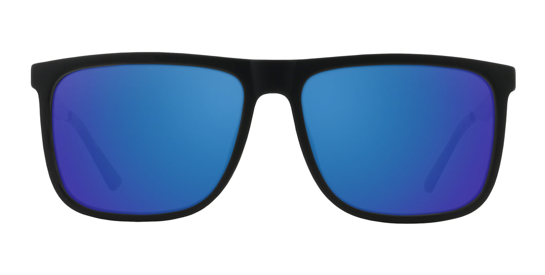 Front view of Blueprint prescription sunglasses showcasing matte black rectangular frame and coastal blue mirrored lenses on a white background