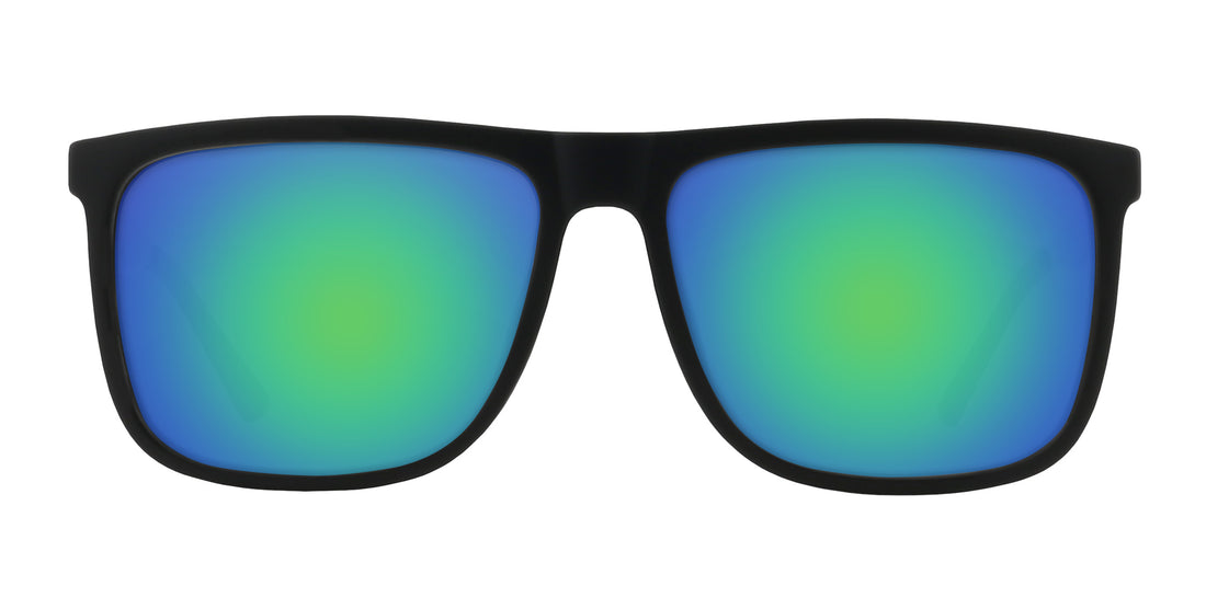 Front view of Blueprint sunglasses with black rectangular frame and green-blue mirrored Rx lenses on white background