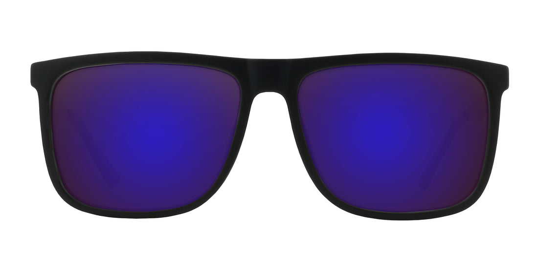 Front close-up of Blueprint prescription sunglasses showcasing rectangular black frame and purple mirrored lenses with white background