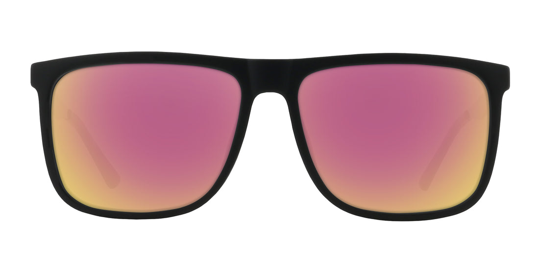 Front view of Blueprint Rx sunglasses with matte black rectangular frame and pink mirrored lenses on white background