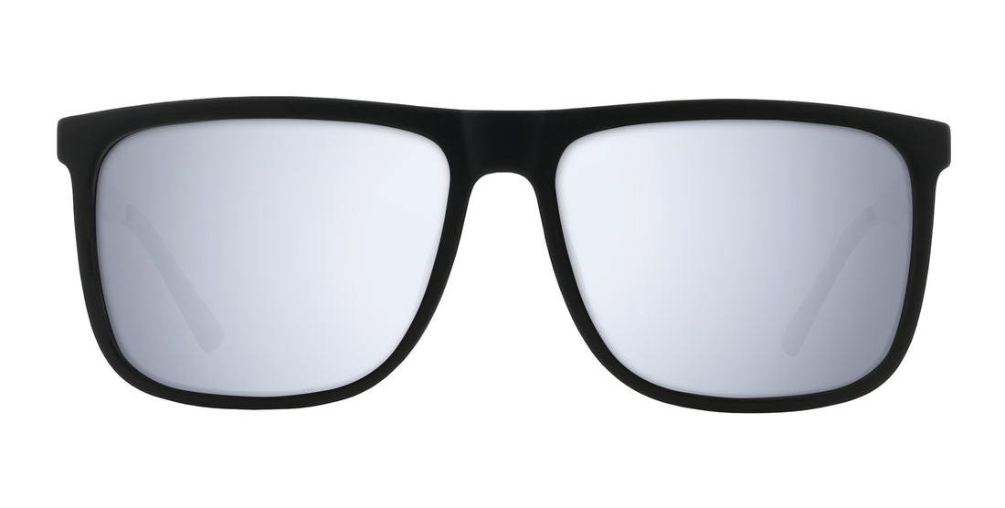 Front view of Blueprint sunglasses showcasing black rectangular frame with silver mirrored prescription lenses on white background