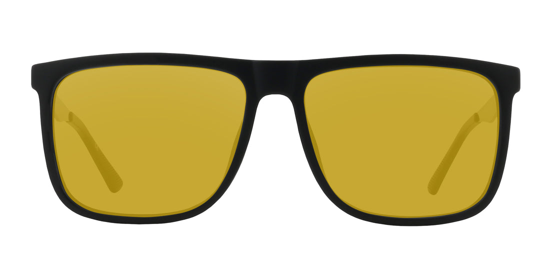 Front view of Blueprint prescription sunglasses showcasing black rectangular frame and yellow lenses on white background