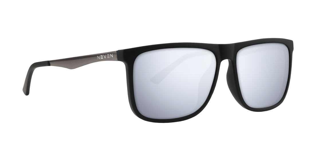 Three-quarter view of Blueprint Rx sunglasses with rectangular black frame and silver mirrored lenses on white background