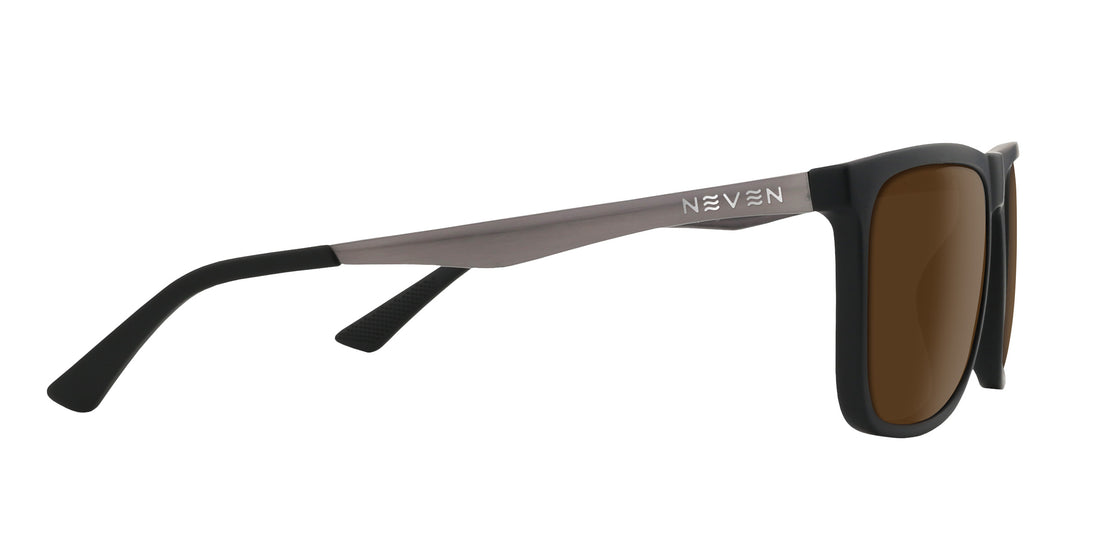 Side view of Blueprint prescription sunglasses showcasing a black rectangular frame, brown lenses, and NEVEN logo on white background