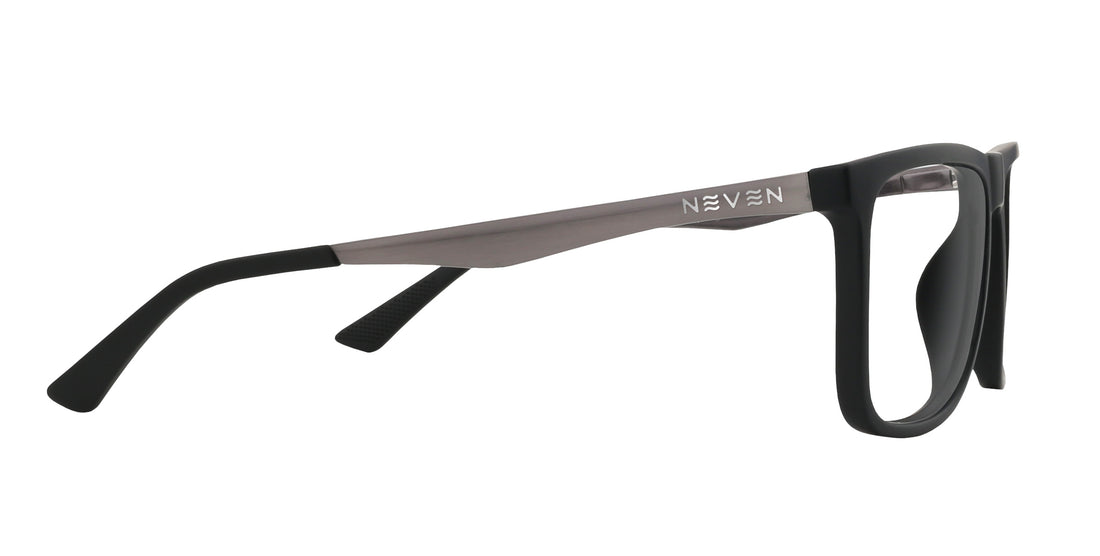 Side view of Blueprint rectangular prescription sunglasses showcasing black matte front, gunmetal metal temple with NEVEN logo and clear lenses on white background