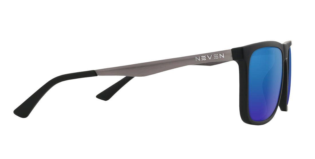 Side view of Blueprint prescription sunglasses with matte black frame, gunmetal temples and NEVEN logo, blue mirrored lenses