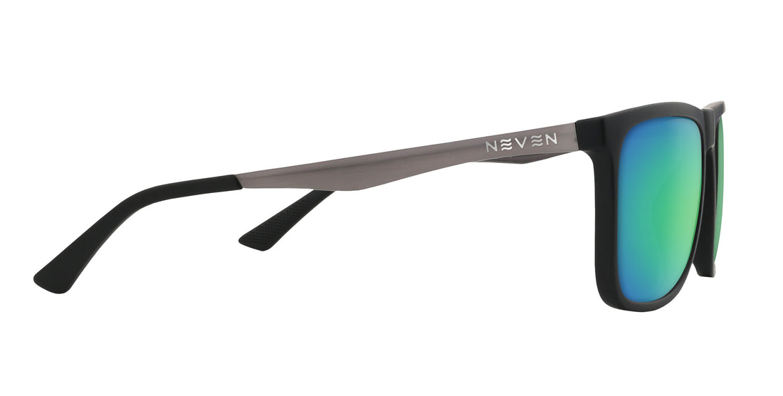 Side view of Blueprint Rx sunglasses showing brushed metal temple with Neven logo and green-blue mirrored lenses