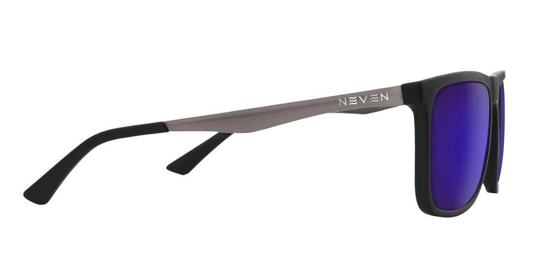 Side close-up of Blueprint prescription sunglasses showing purple mirrored lenses and gunmetal temple with NEVEN logo on white