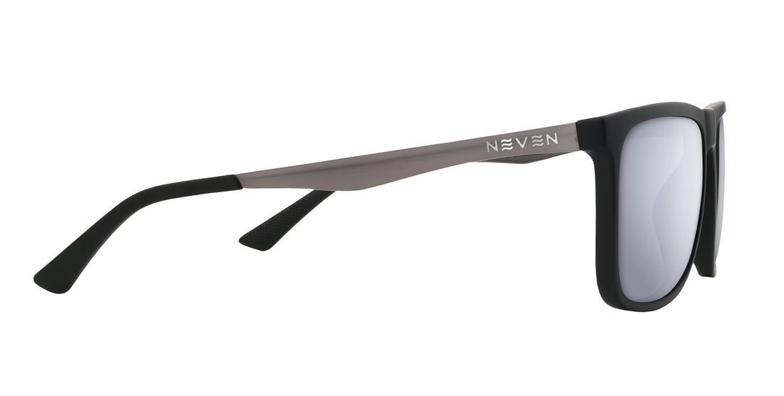 Side view of Blueprint prescription sunglasses with silver metal temple, Neven logo, and mirrored lenses on white background
