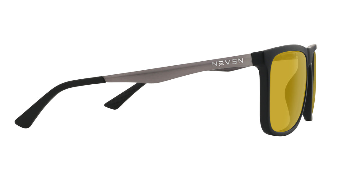 Side view of Blueprint prescription sunglasses showcasing yellow lenses and metal temple with NEVEN logo on white background
