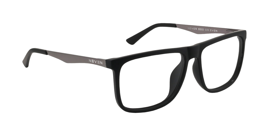 Angled close-up of Blueprint prescription sunglasses showing matte black rectangular frame, clear lenses, and metal temples with Neven logo on white background