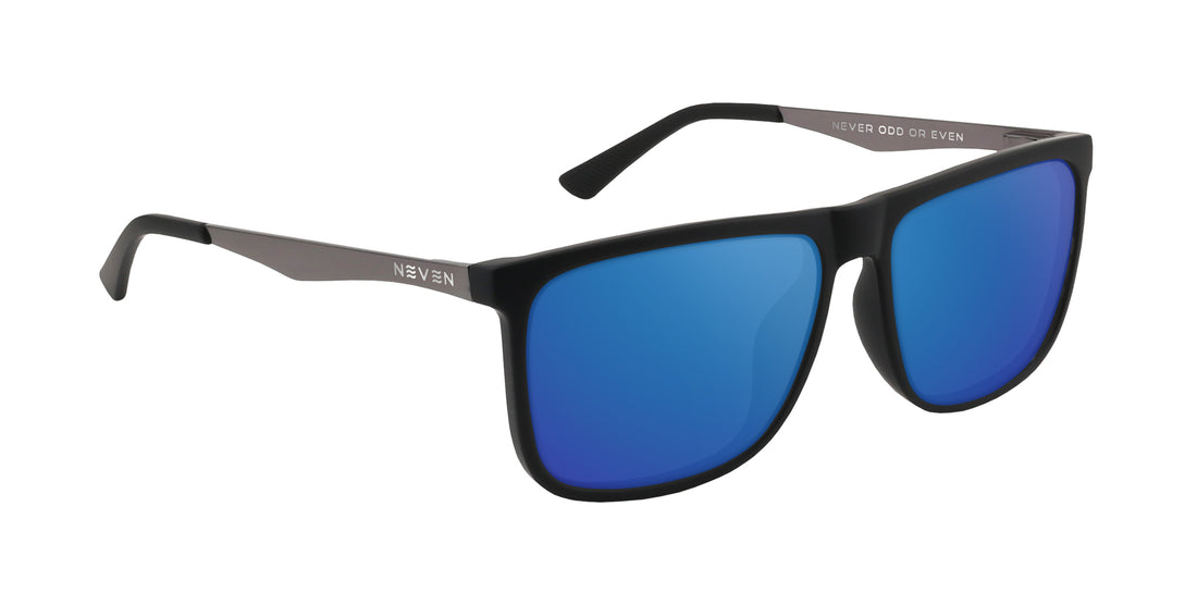 Three-quarter view of Blueprint sunglasses with black frame, blue mirrored Rx lenses and metal temples on white background