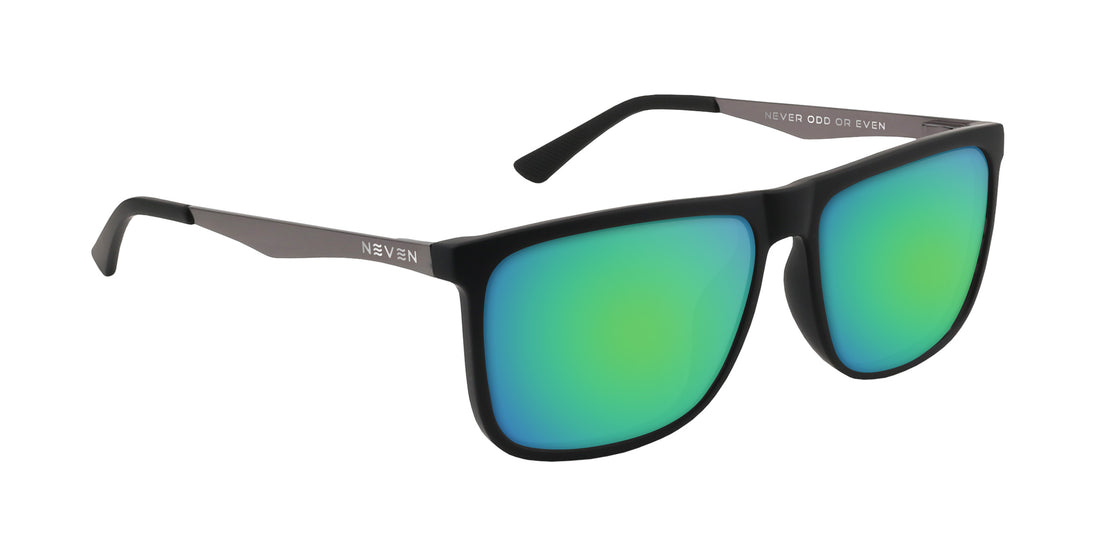 Three-quarter view of Blueprint prescription sunglasses showcasing black rectangular frame and green mirrored lenses on white background