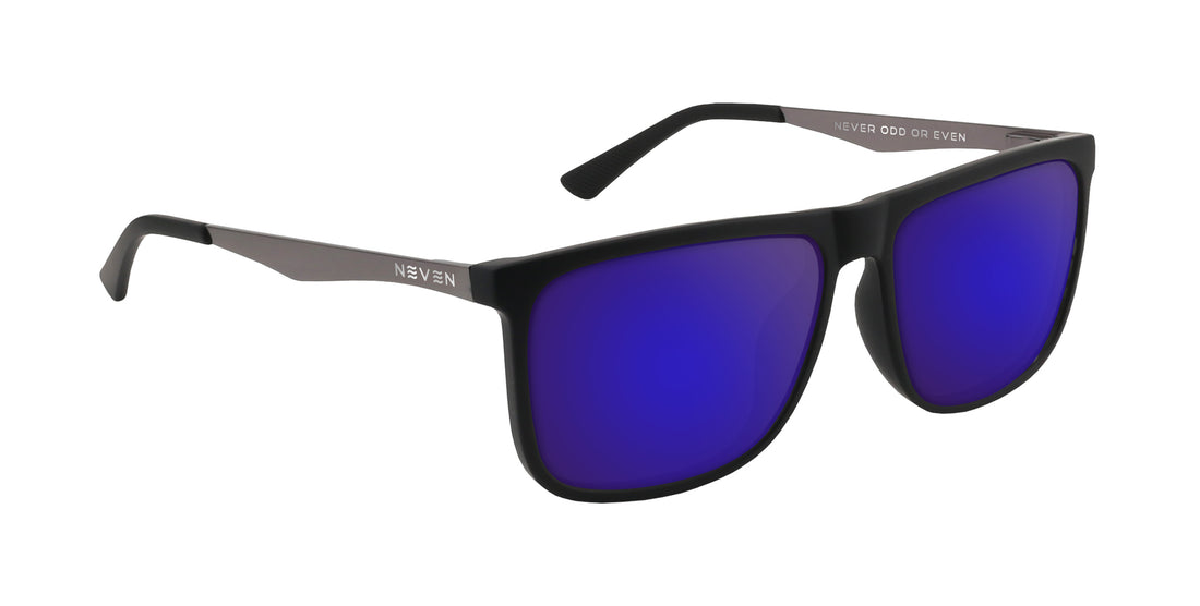 Three-quarter view of Blueprint Rx sunglasses showing matte black rectangular frame and blue mirrored lenses on white background