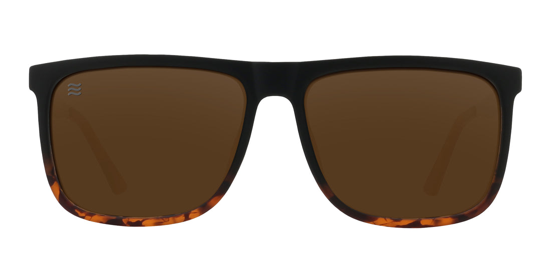 Black and tortoiseshell sunglasses with brown lenses.