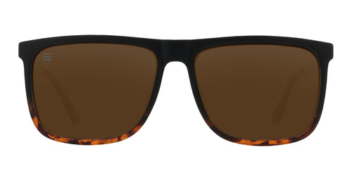 Black and tortoiseshell sunglasses with brown lenses.