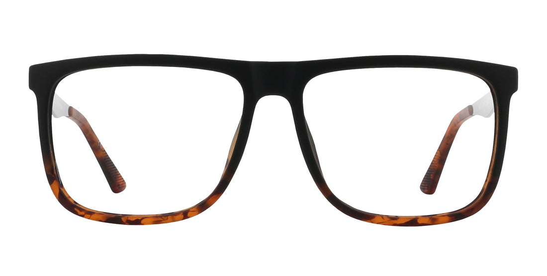 Front view of Repeater prescription glasses showcasing black upper frames and tortoiseshell lower rims with clear lenses on white background