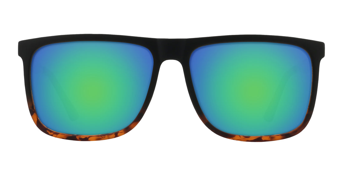 Front view of Repeater sunglasses with black frame, tortoiseshell bottom and green mirrored lenses on white background