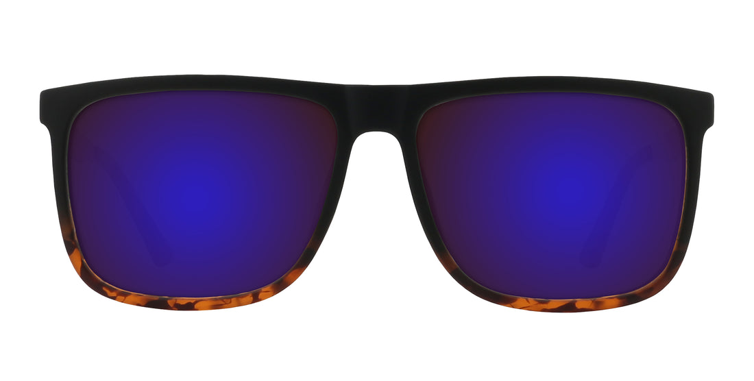 Front view of Repeater sunglasses with matte black top frame, tortoiseshell lower rim and blue mirrored lenses on white