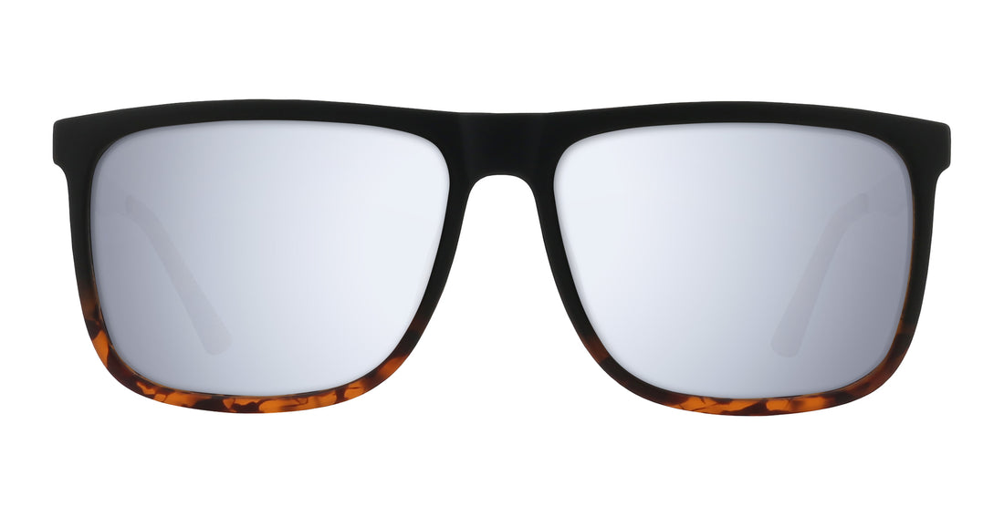 Close-up front view of Repeater sunglasses showcasing black frame with tortoiseshell splatter and silver mirrored prescription lenses on white background
