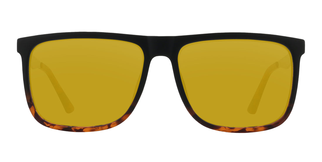 Close up front view of Repeater sunglasses showcasing matte black frame with tortoiseshell lower rim and yellow prescription lenses on white background