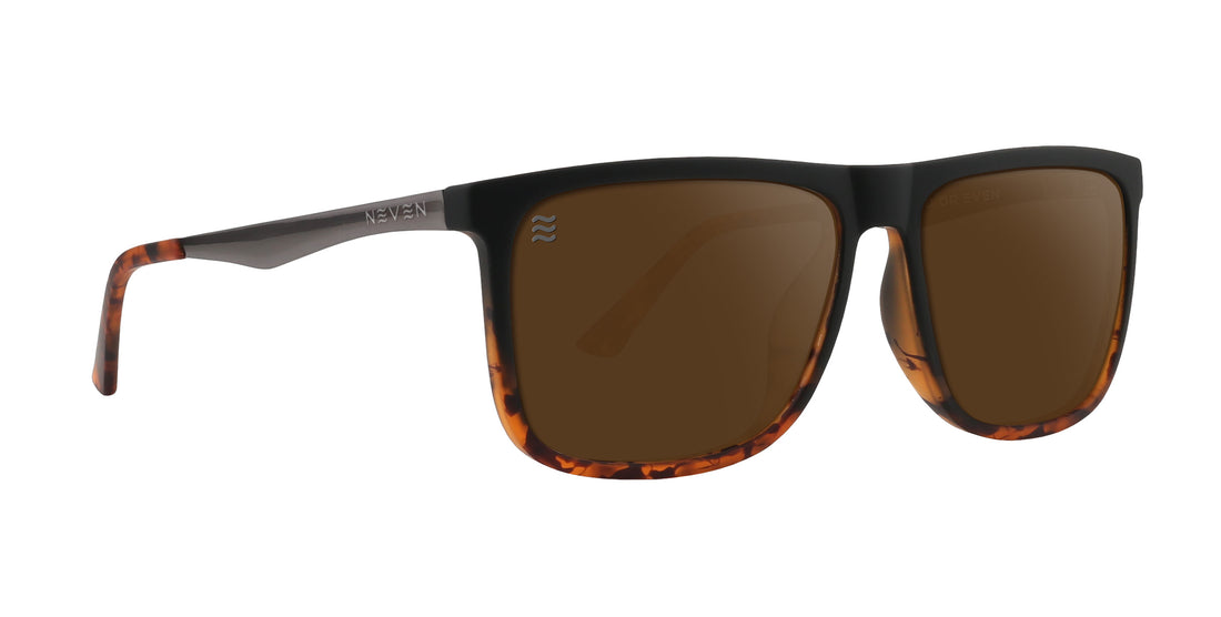 Front three-quarter view of Repeater sunglasses with matte black frame, tortoiseshell rims and brown lenses on white background