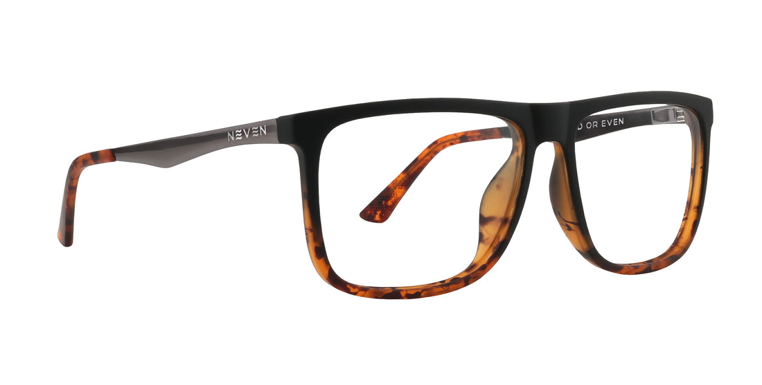 Three-quarter view of Repeater prescription glasses showcasing a black frame with tortoiseshell rims and clear lenses on white background