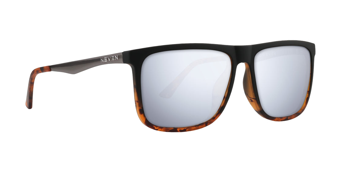 Right-front close-up of Repeater RX sunglasses with tortoise lower rims, matte black top, and mirrored lenses on white