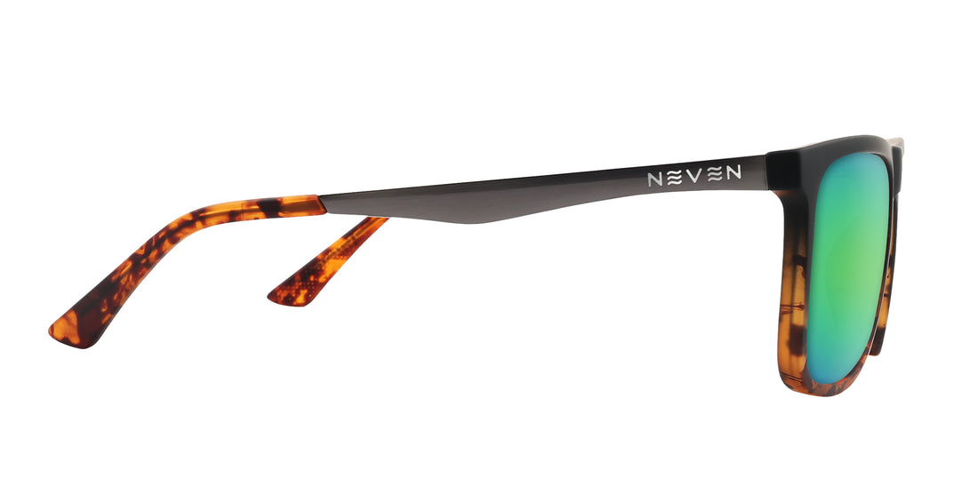 Side view of Repeater Rx sunglasses with tortoiseshell frame, black temple with NEVEN logo and green mirrored lenses
