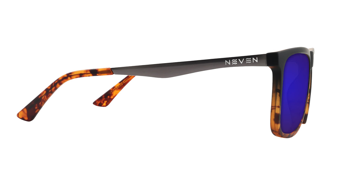 Side view of Repeater sunglasses with black temple and NEVEN logo, tortoiseshell arms and purple mirrored lens on white