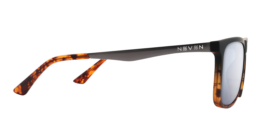 Side view of Repeater prescription sunglasses showing matte black temple with NEVEN logo and tortoiseshell arms on white background