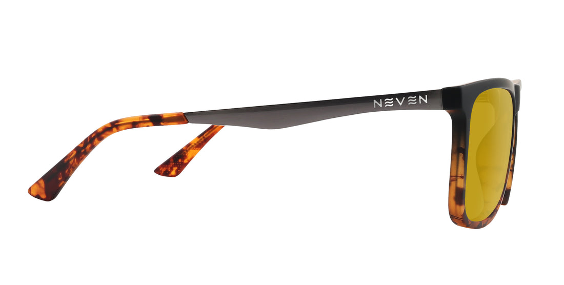 Side view of Repeater sunglasses showing black frame with tortoiseshell splatter and yellow lenses on white background