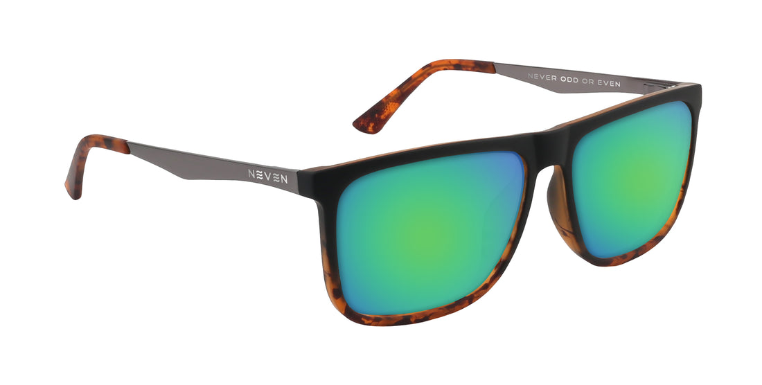 Three-quarter view of Repeater Rx sunglasses with green mirrored lenses and black frame with tortoiseshell rim on white background