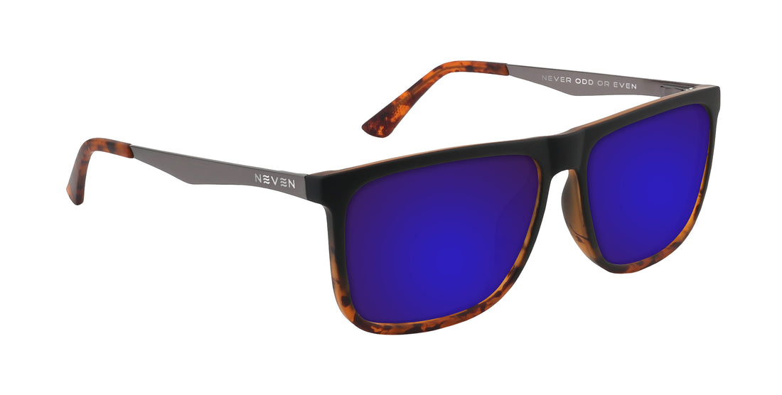 Three-quarter view of Repeater sunglasses showing black/tortoiseshell frame, blue lenses, NEVEN logo on white background