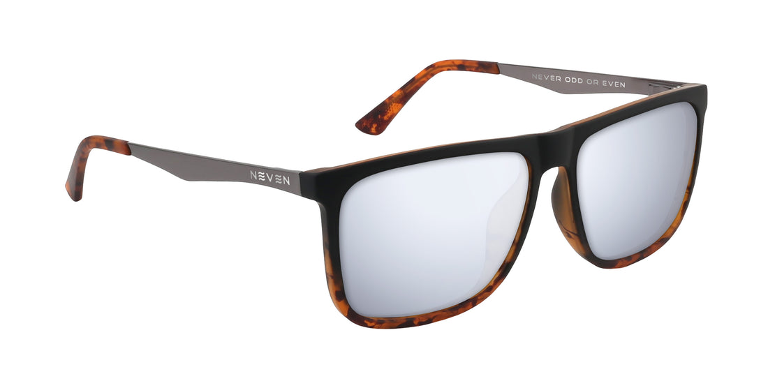 Angled view of Repeater sunglasses with tortoiseshell square frame, silver mirrored lenses and metal temples on white