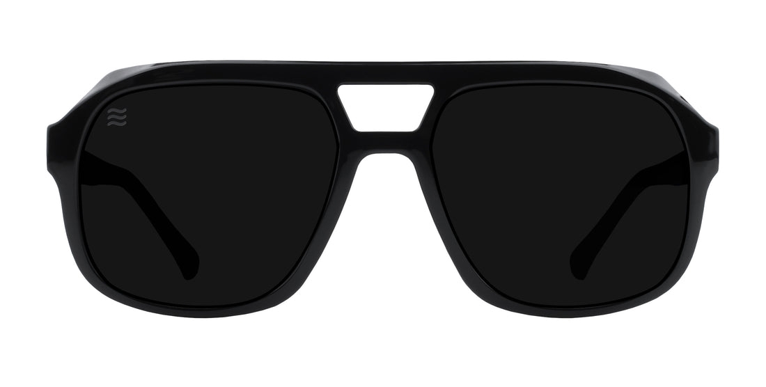 Front view of Gaia polarized sunglasses showcasing a black frame and dark lenses on a white background