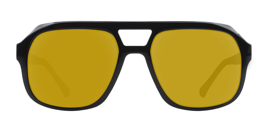Close-up front view of Cosmo aviator sunglasses showcasing black glossy frame and yellow prescription lenses on white background
