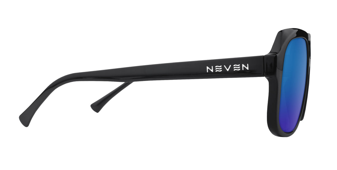 Side view of Cosmo aviator sunglasses showing glossy black temple with NEVEN logo and coastal blue mirrored lens