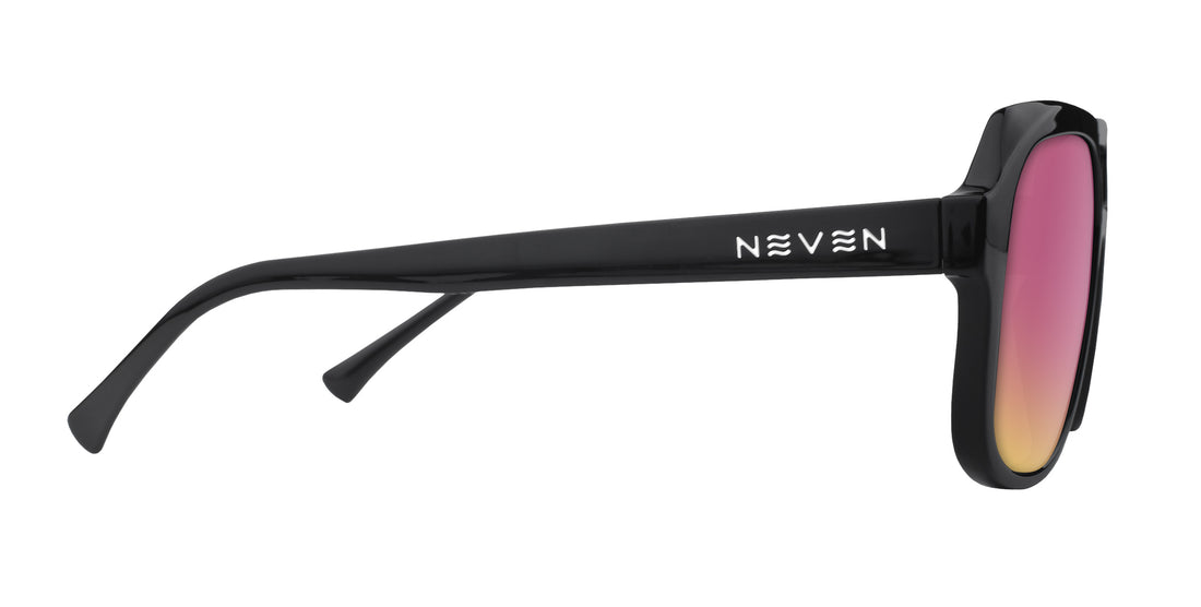 Side view of Cosmo aviator sunglasses with black glossy arm, NEVEN logo, and pink mirrored prescription lens