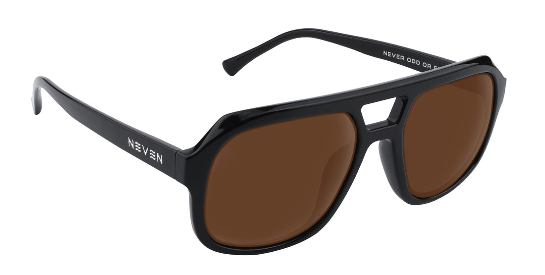 Three-quarter view of Cosmo sunglasses showing black frame, keyhole bridge and brown lenses on white background
