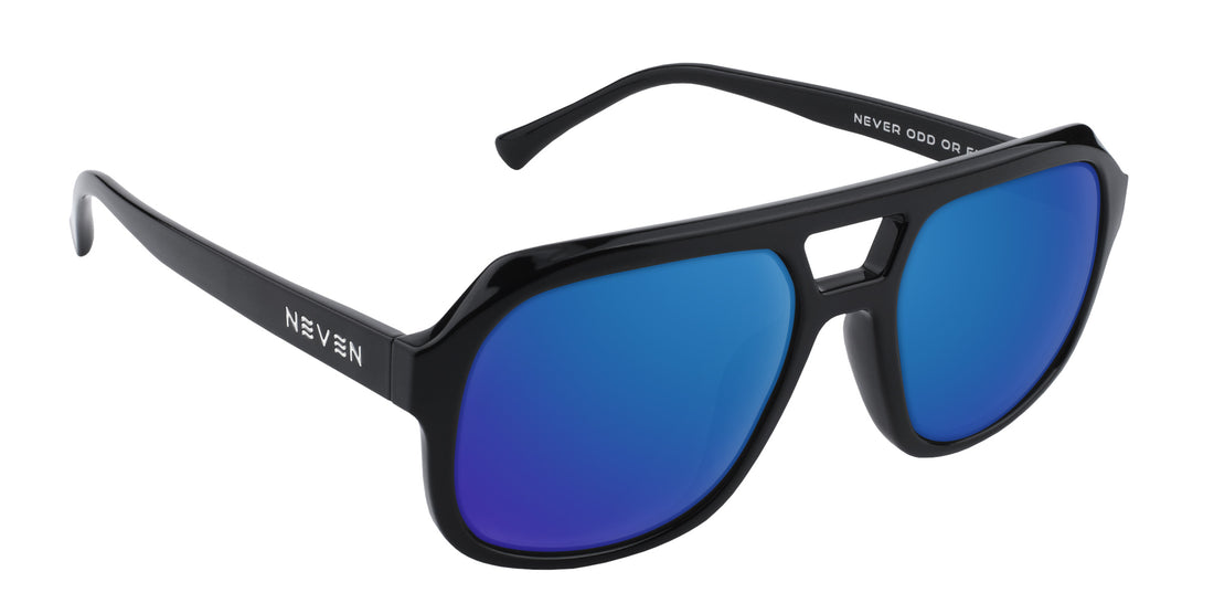 Three-quarter view of Cosmo aviator sunglasses showcasing black frame and blue mirrored prescription lenses on white background