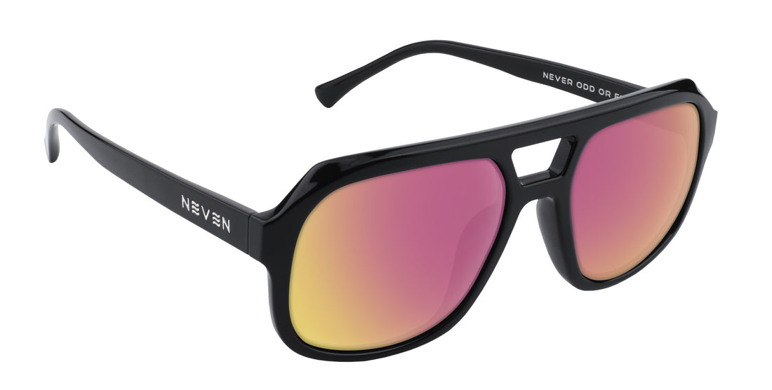 Angled close-up of Cosmo aviator sunglasses showing black frame and rose-pink mirrored prescription lenses on white background