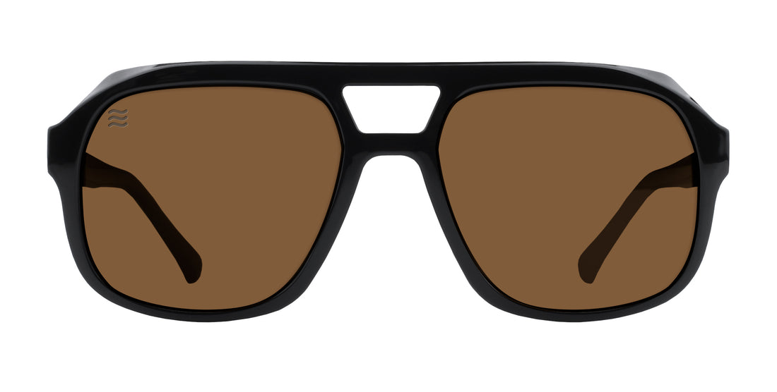 Front view of Gaia polarized sunglasses showcasing black frames and brown lenses on a white background