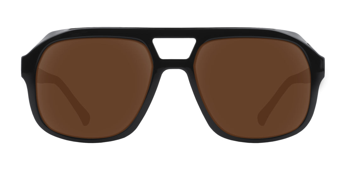 Front close-up of Gaia aviator prescription sunglasses, glossy black frame and brown lenses on white background